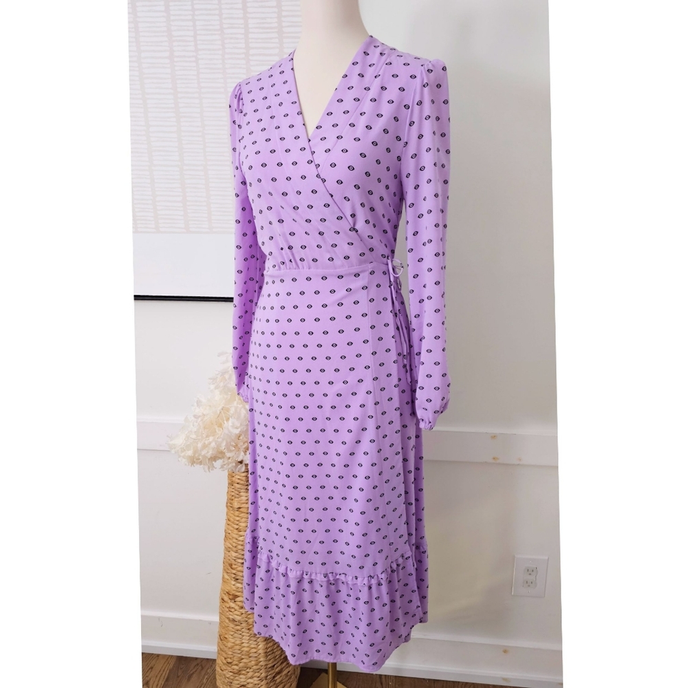 Veda Urban Outfitters Lavander Eye Printed Wrap Long Sleeve Midi Dress